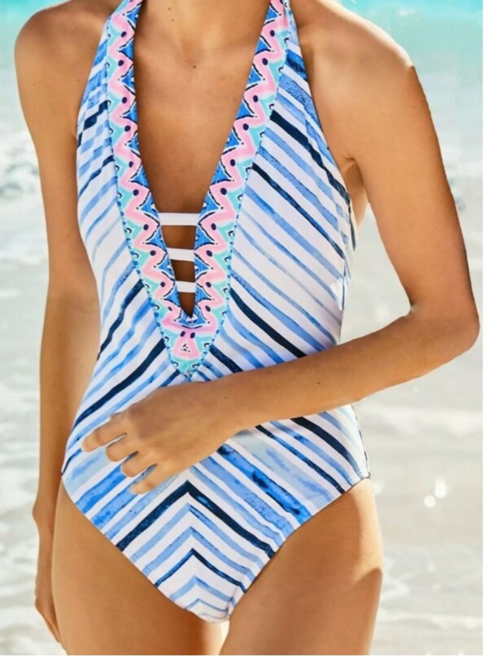 Lilly Pulitzer Loraline Seaside Vibes Stripe Lattice Halter One Piece Size 14
